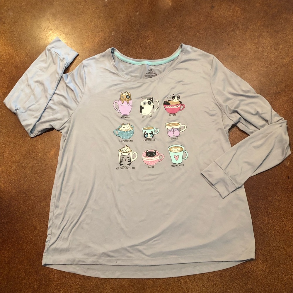 Secret Treasures Long Sleeved Kitty Coffee Sleep Shirt Sz L